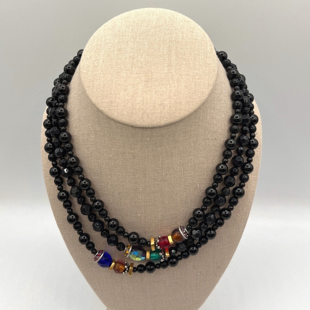 Chico's Necklace Black Multi-Strand Beaded Layered Artsy Boho Eclectic Statement